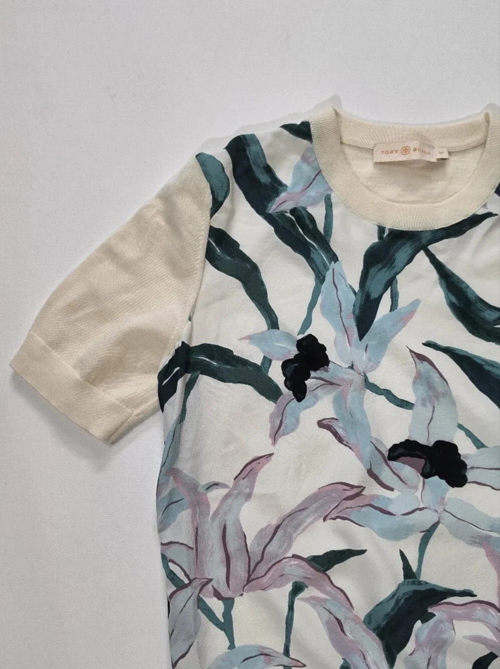 Tory Burch Merino Silk Wool Sweater Womens S/P Cream Green  Floral Feminine Chic